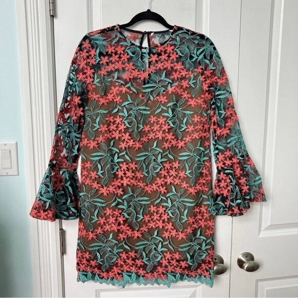 Elliatt Sheer Mesh Overlay Floral Mod Embroidery Mini Dress - Picture 2 of 9